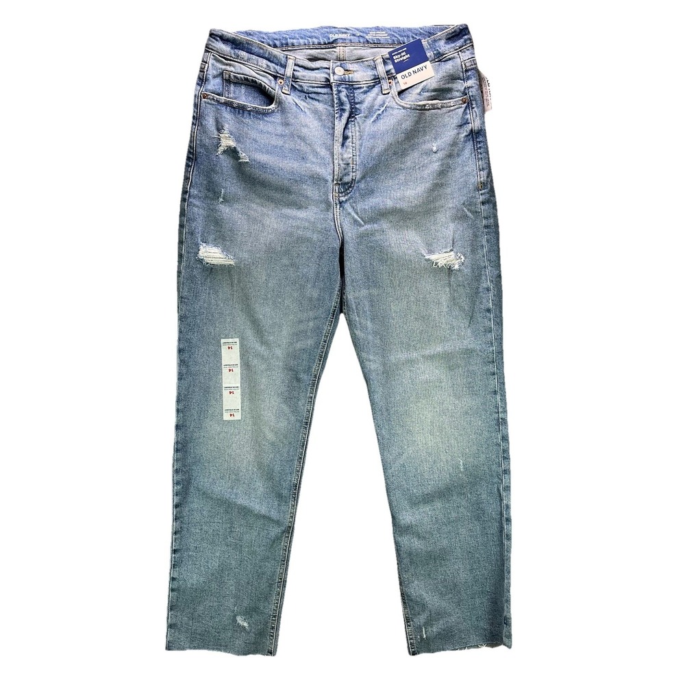 Old Navy Jeans Womens Size 14 Blue Extra High Rise Straight Distressed Denim NWT